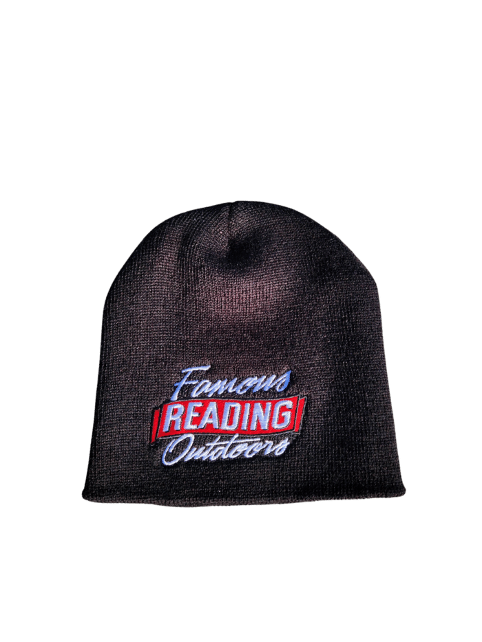 black beanie with embroidered banner logo