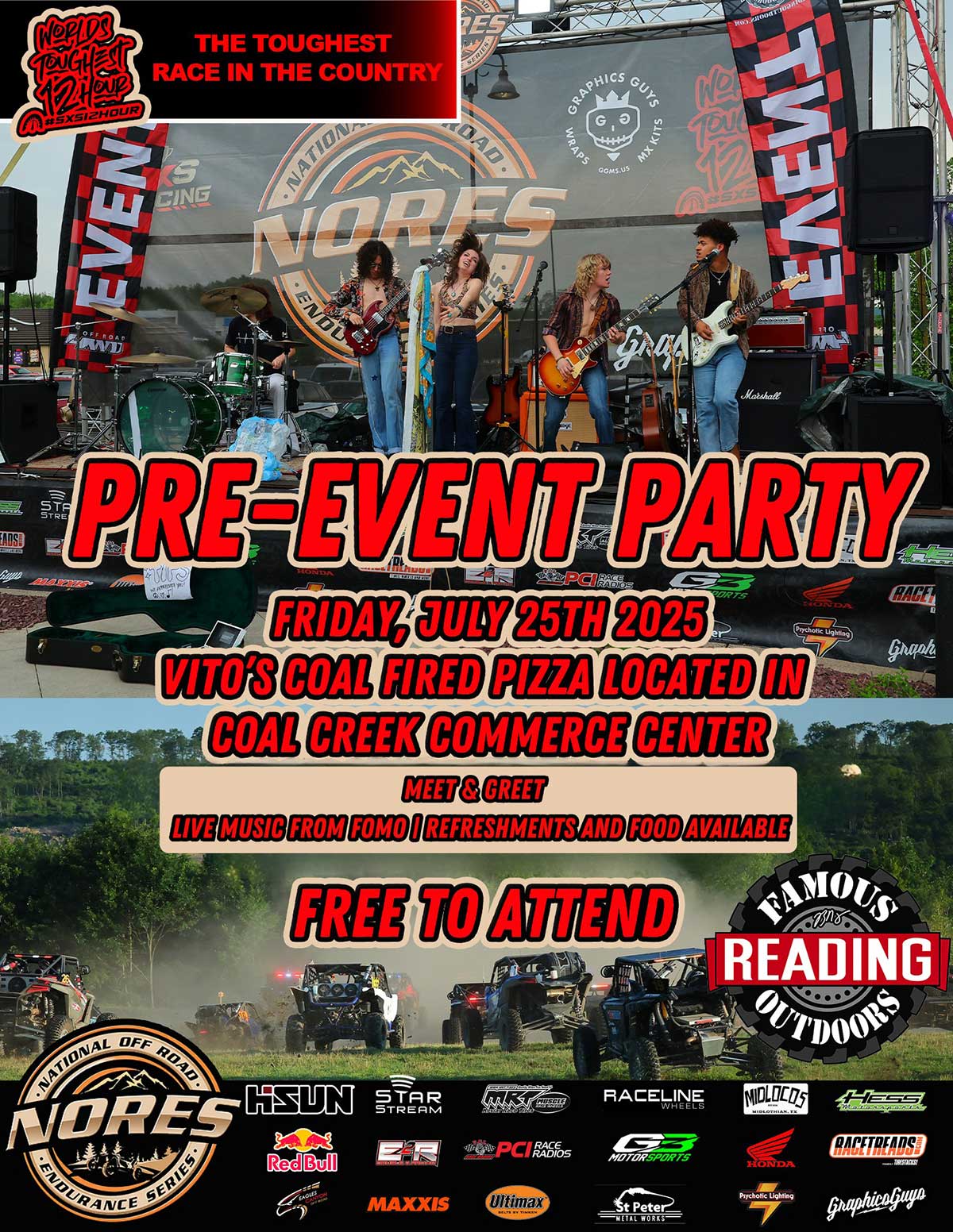 SXS 12 Hour Pre-Event Party | Friday, July 25 4:30 to 9:00 pm | Vito’s Coal Fired — 400 Terry Rich Blvd, Suite 5, St. Clair, PA 17970