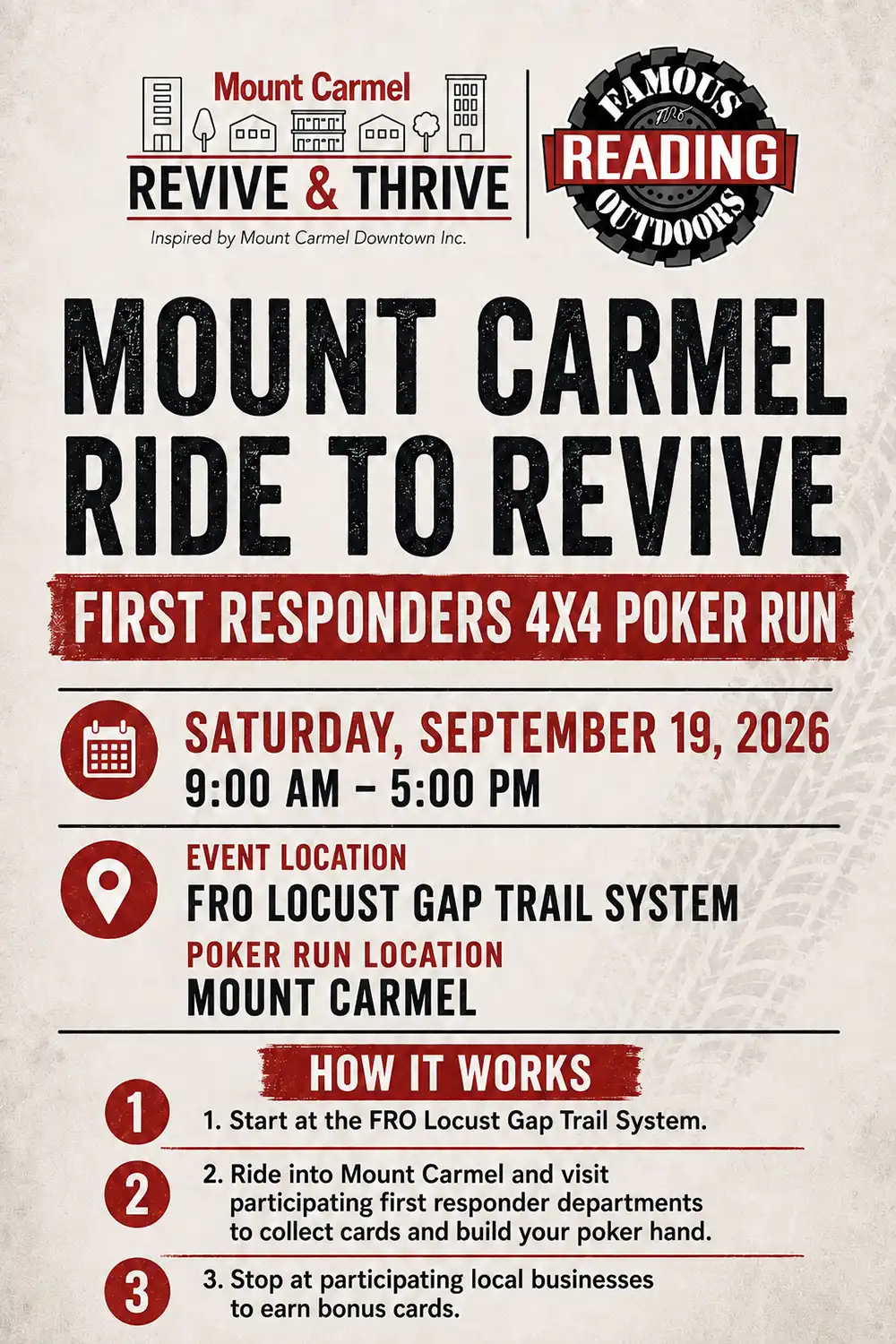 Mount Carmel Ride to Revive – First Responders 4x4 Poker Run | Saturday, September 19, 2026, from 9:00 AM to 5:00 PM | Locust Gap Trail System - Mount Carmel | FRO Members & NonMembers